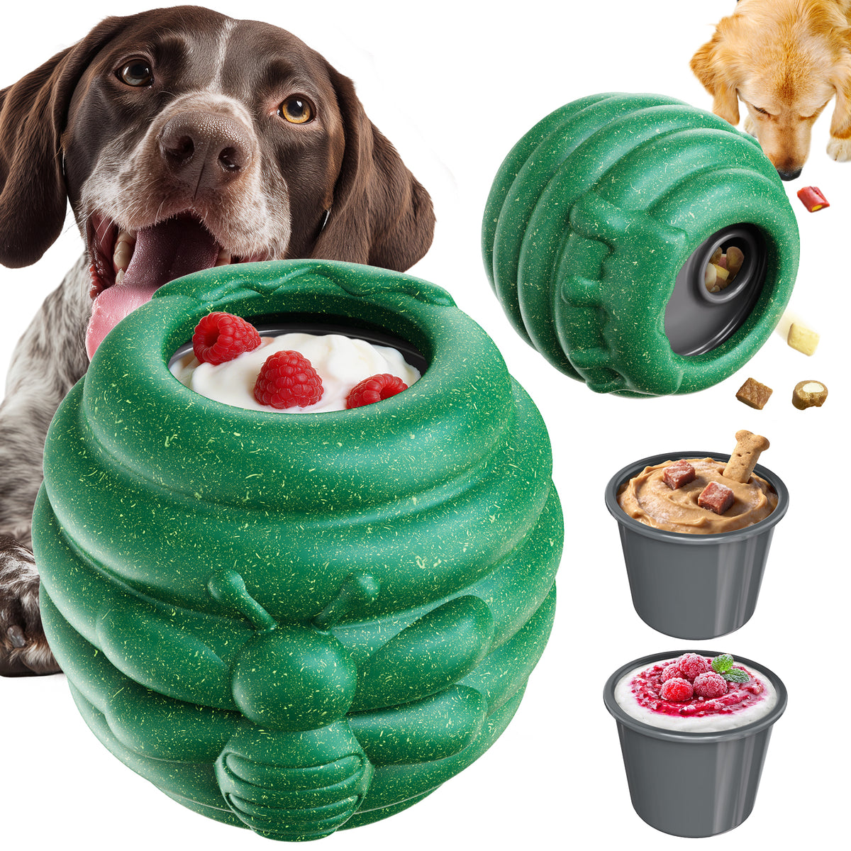 KADTC All in ONE - 3 in 1 - Honey Jar Durable Dog Fillable Toy Frozen Lick Treat Tray & Food Dispensing Balls Peanut Butter Filler Enrichment Freeze Cup & Indestructible Dogs Chew Teething Toys