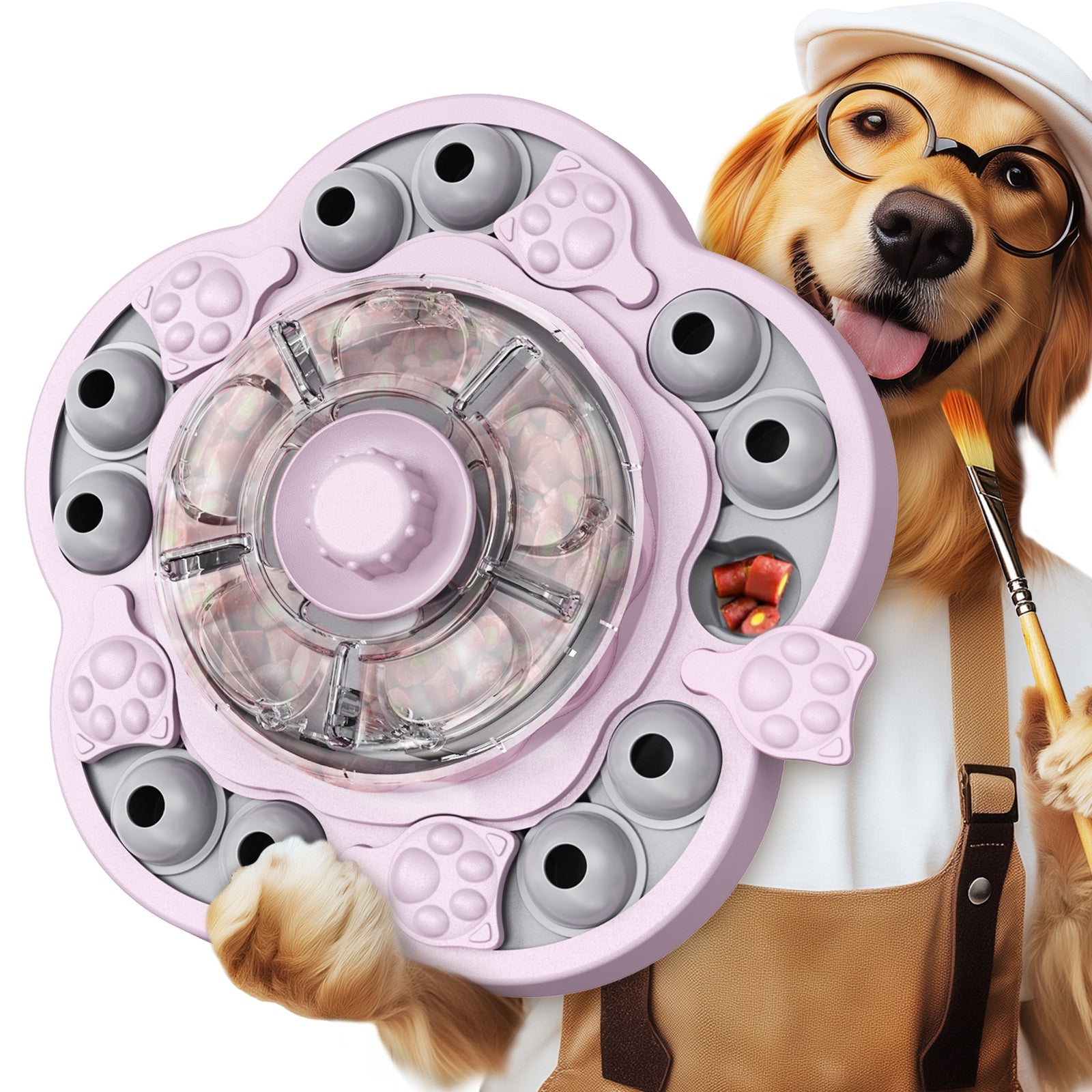 KADTC 3-Level Dog Puzzle Feeder in pink with spin-to-release treat dispenser