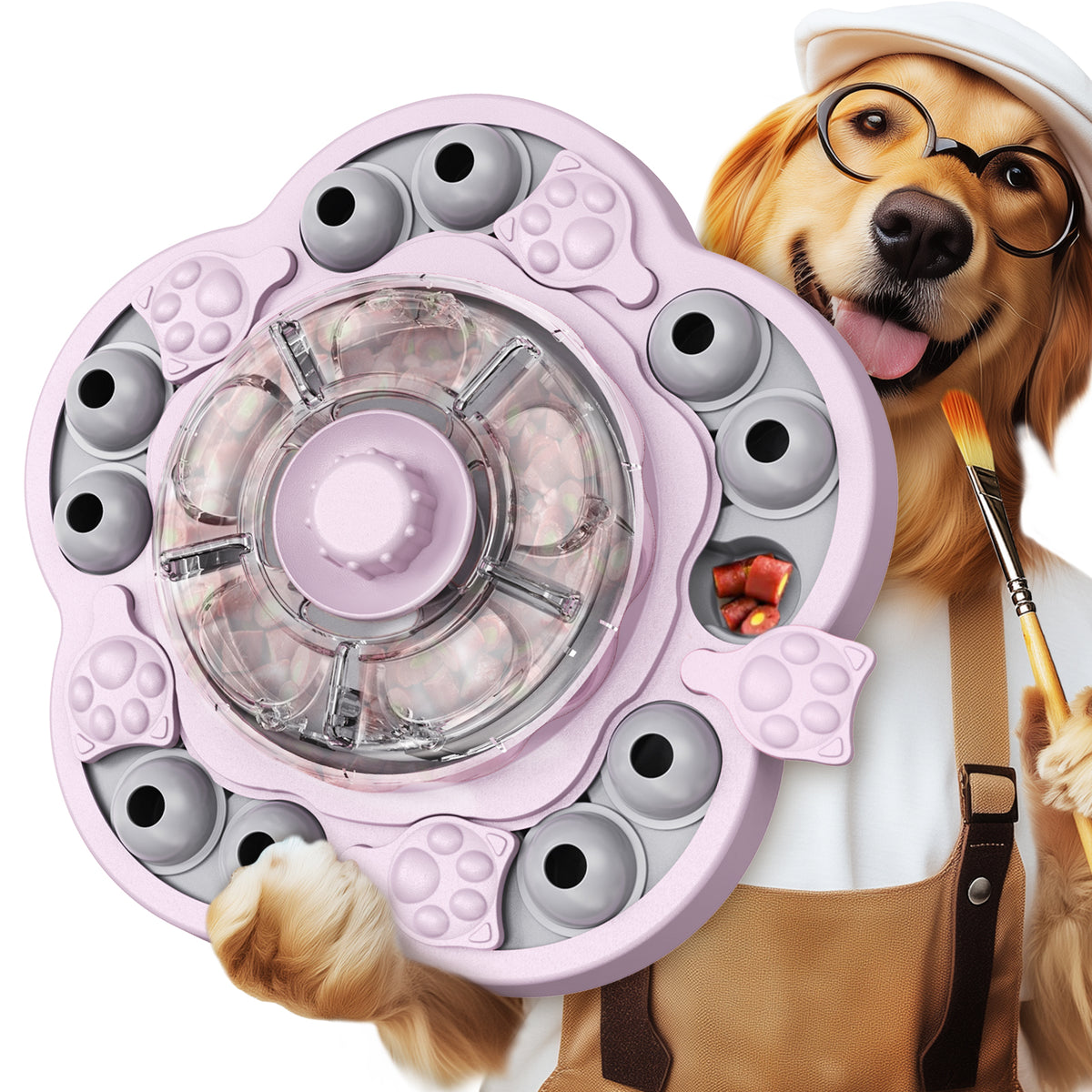 KADTC 3-Level Dog Puzzle Feeder in pink with spin-to-release treat dispenser