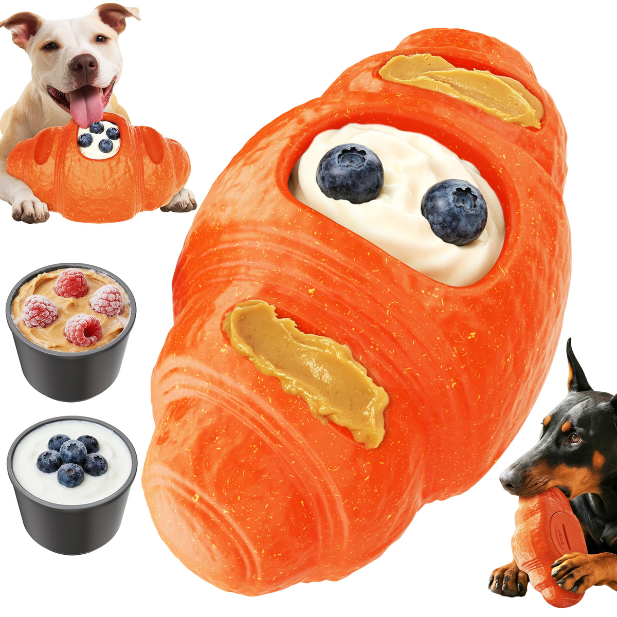 KADTC - All in ONE - 3 in 1 - Large Size Indestructible Croissant Dog Fillable Toy Peanut Butter Filler Freeze Frozen Lick Treat Tray Durable Tough Chew Toys for Aggressive Chewers Breed Dogs