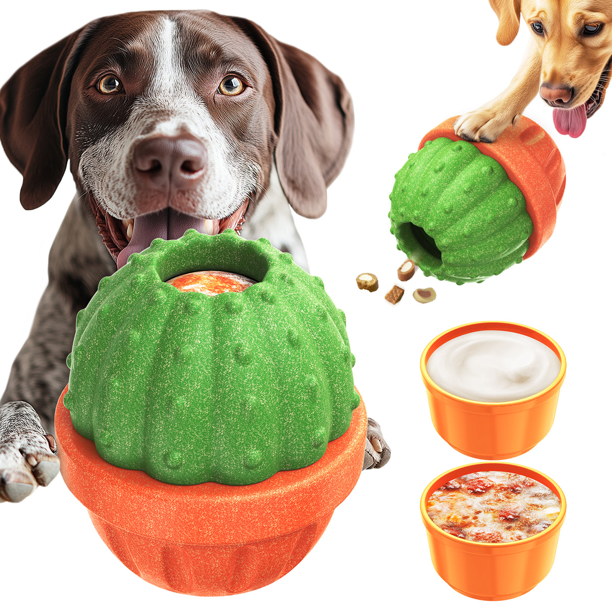 KADTC All in ONE Durable 3 in 1 Dog Filler Toy & Freeze/Freezable/Frozen Lick Treat Tray Enrichment Ball & Kibble Dispensing Balls -Peanut Butter Wet Food Cactus Fillable Chew Thanksgiving Toys