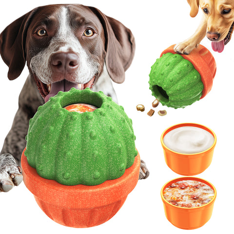 KADTC All in ONE Durable 3 in 1 Dog Filler Toy & Freeze/Freezable/Frozen Lick Treat Tray Enrichment Ball & Kibble Dispensing Balls -Peanut Butter Wet Food Cactus Fillable Chew Thanksgiving Toys