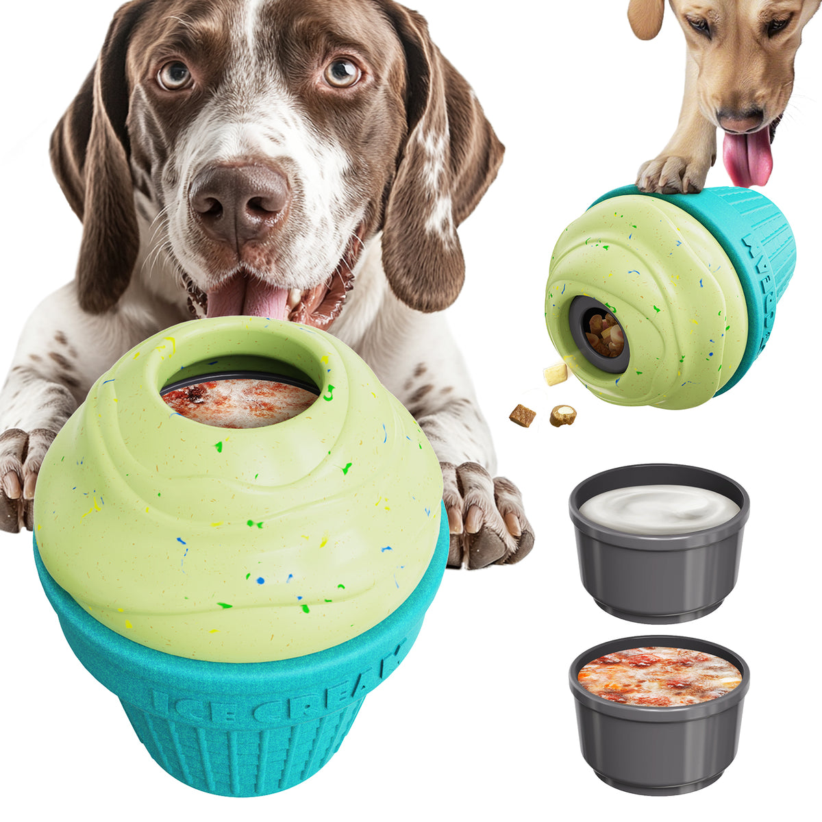 KADTC All in ONE Durable 3 in 1 Dog Filler Toy & Freeze/Freezable/Frozen Lick Treat Tray Enrichment Ball & Kibble Dispensing Balls -Peanut Butter Wet Food Ice Cream Fillable Chew Thanksgiving Toys