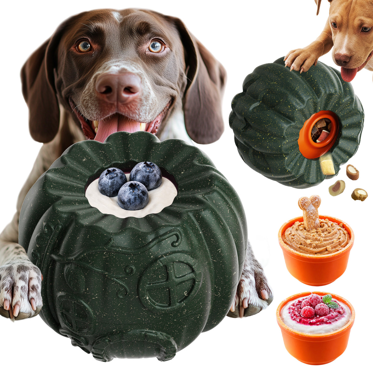 KADTC 3-in-1 Dog Frozen Treat Ball, Large Size, No-Transfer Fill & Freeze Lick Cup, Treat Dispenser & Tough Chew Toy, Long-Lasting Enrichment Toy for Dogs, Pumpkin-Shaped