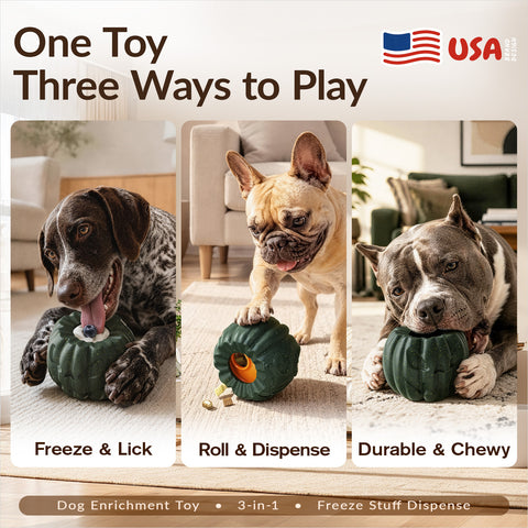 KADTC 3-in-1 Dog Frozen Treat Ball, Large Size, No-Transfer Fill & Freeze Lick Cup, Treat Dispenser & Tough Chew Toy, Long-Lasting Enrichment Toy for Dogs, Pumpkin-Shaped