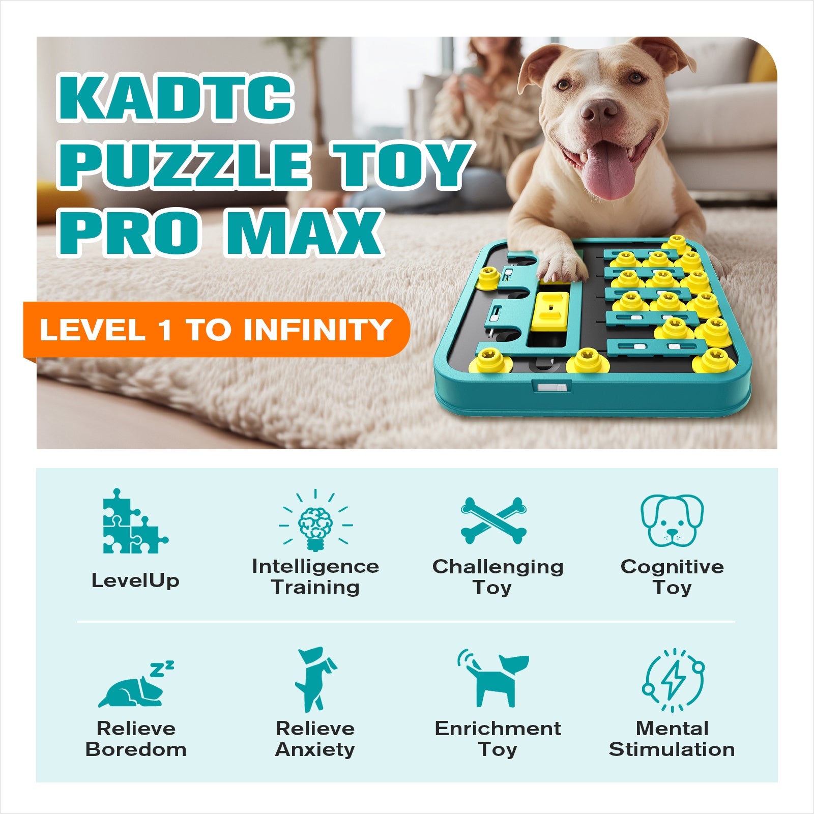 KADTC Pro Max Extra-Large Dog Puzzle Toy showing level-up training, challenging play, and treat-finding enrichment