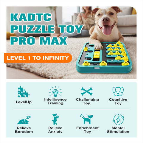 KADTC Pro Max Extra-Large Dog Puzzle Toy showing level-up training, challenging play, and treat-finding enrichment