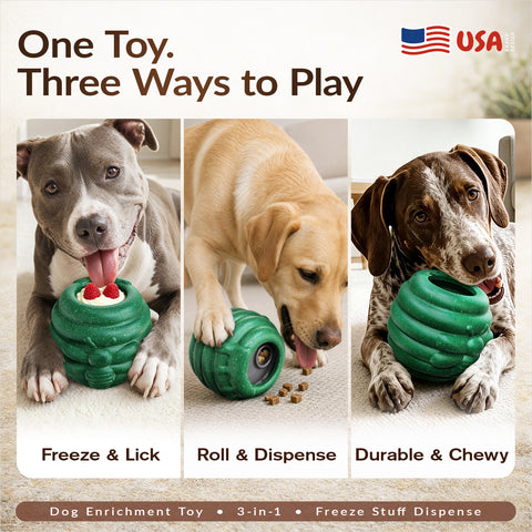KADTC All in ONE - 3 in 1 - Honey Jar Durable Dog Fillable Toy Frozen Lick Treat Tray & Food Dispensing Balls Peanut Butter Filler Enrichment Freeze Cup & Indestructible Dogs Chew Teething Toys