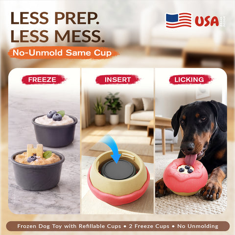 KADTC 2-in-1 Frozen Treat Dog Toy, Large Size, No-Transfer Fill & Freeze Lick Cup & Tough Chew Toy, Long-Lasting Enrichment Toy for Dogs, Donut-Shaped