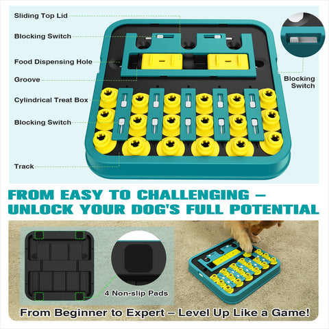KADTC Pro Max dog puzzle toy showing adjustable tracks, blocking switches, and maze routes for treat-finding play