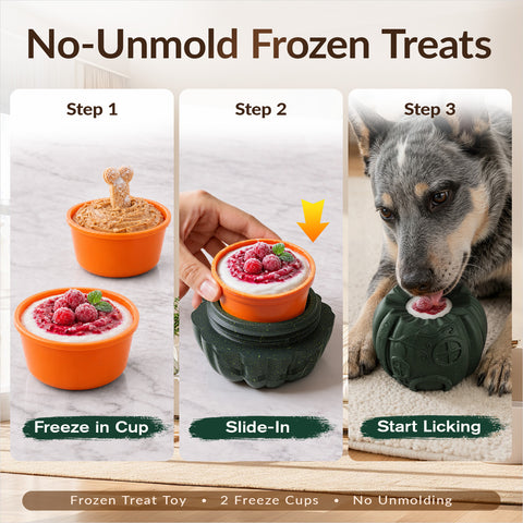KADTC 3-in-1 Dog Frozen Treat Ball, Large Size, No-Transfer Fill & Freeze Lick Cup, Treat Dispenser & Tough Chew Toy, Long-Lasting Enrichment Toy for Dogs, Pumpkin-Shaped