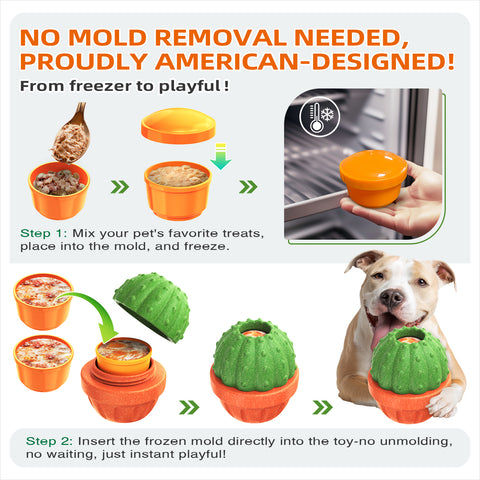 KADTC All in ONE Durable 3 in 1 Dog Filler Toy & Freeze/Freezable/Frozen Lick Treat Tray Enrichment Ball & Kibble Dispensing Balls -Peanut Butter Wet Food Cactus Fillable Chew Thanksgiving Toys