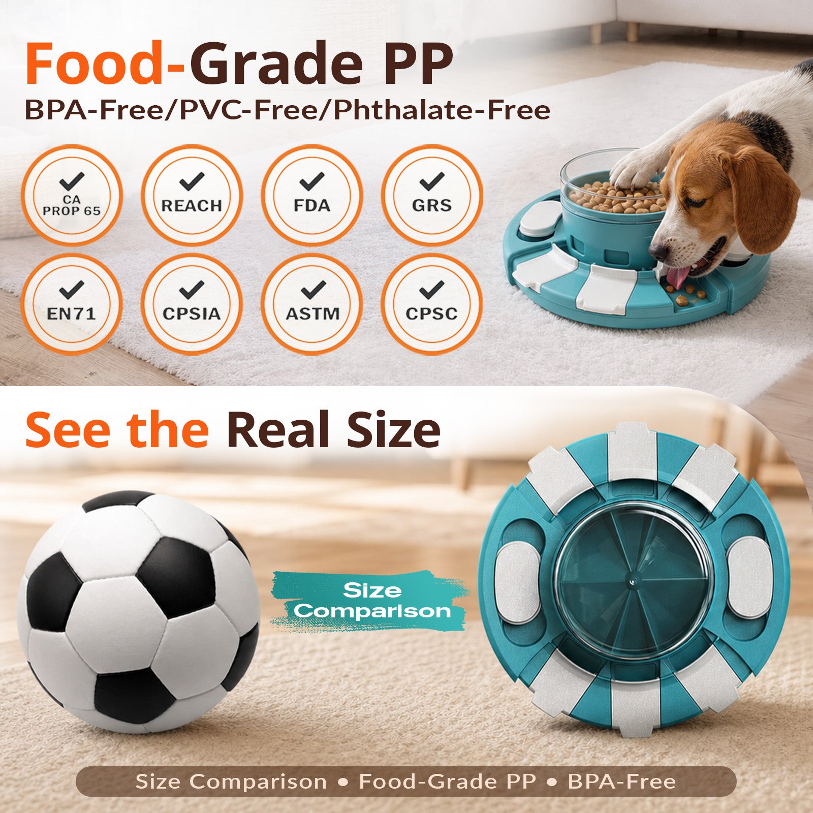 KADTC 2-Level Diner Dog Puzzle Feeder showing food-grade PP material, size details, and compliance information