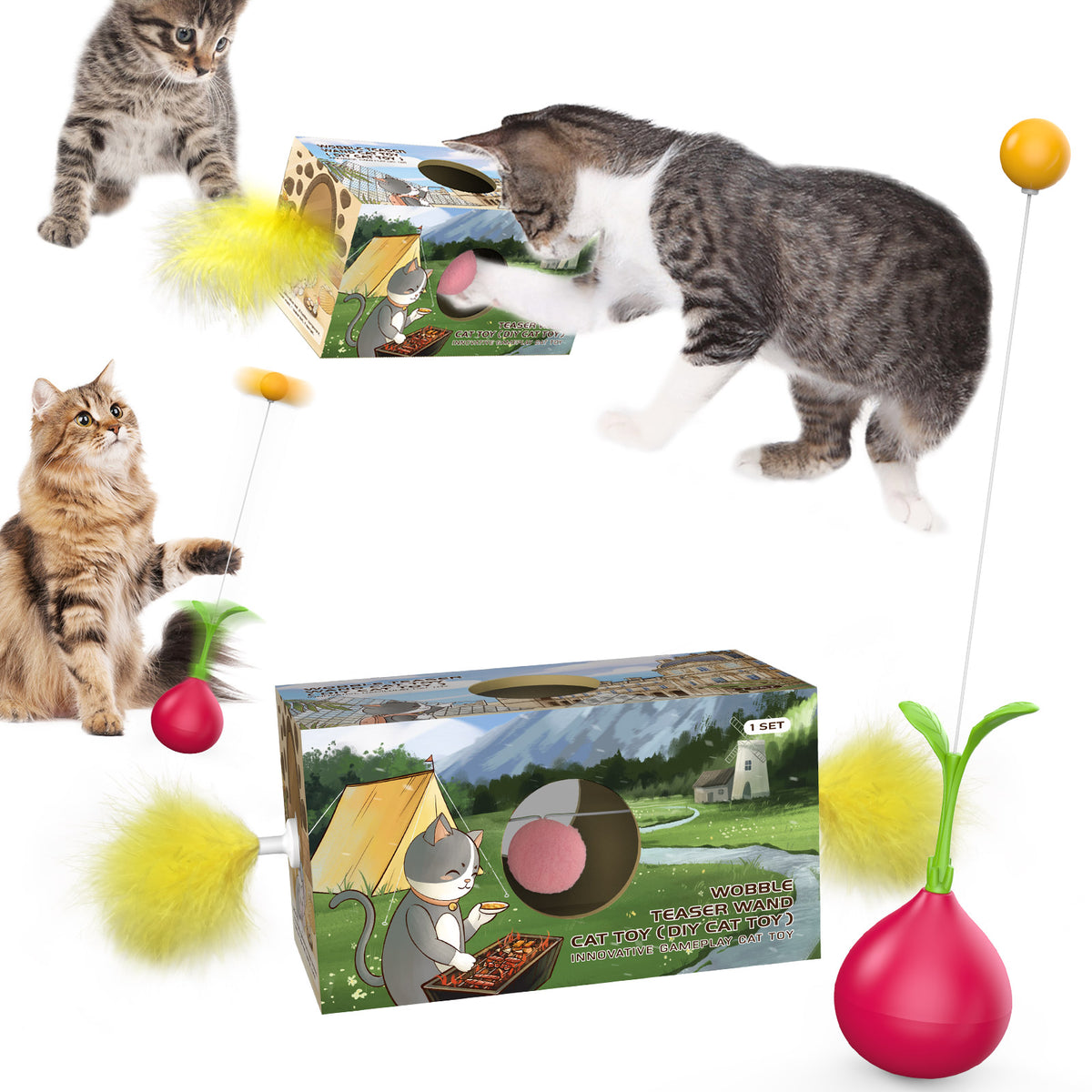 TACKDG Cat Interactive Toys for Indoor Cats Kitten Tumbler Balls Kitty Feather Toy Teaser Wand String Birthday Gift CH Red