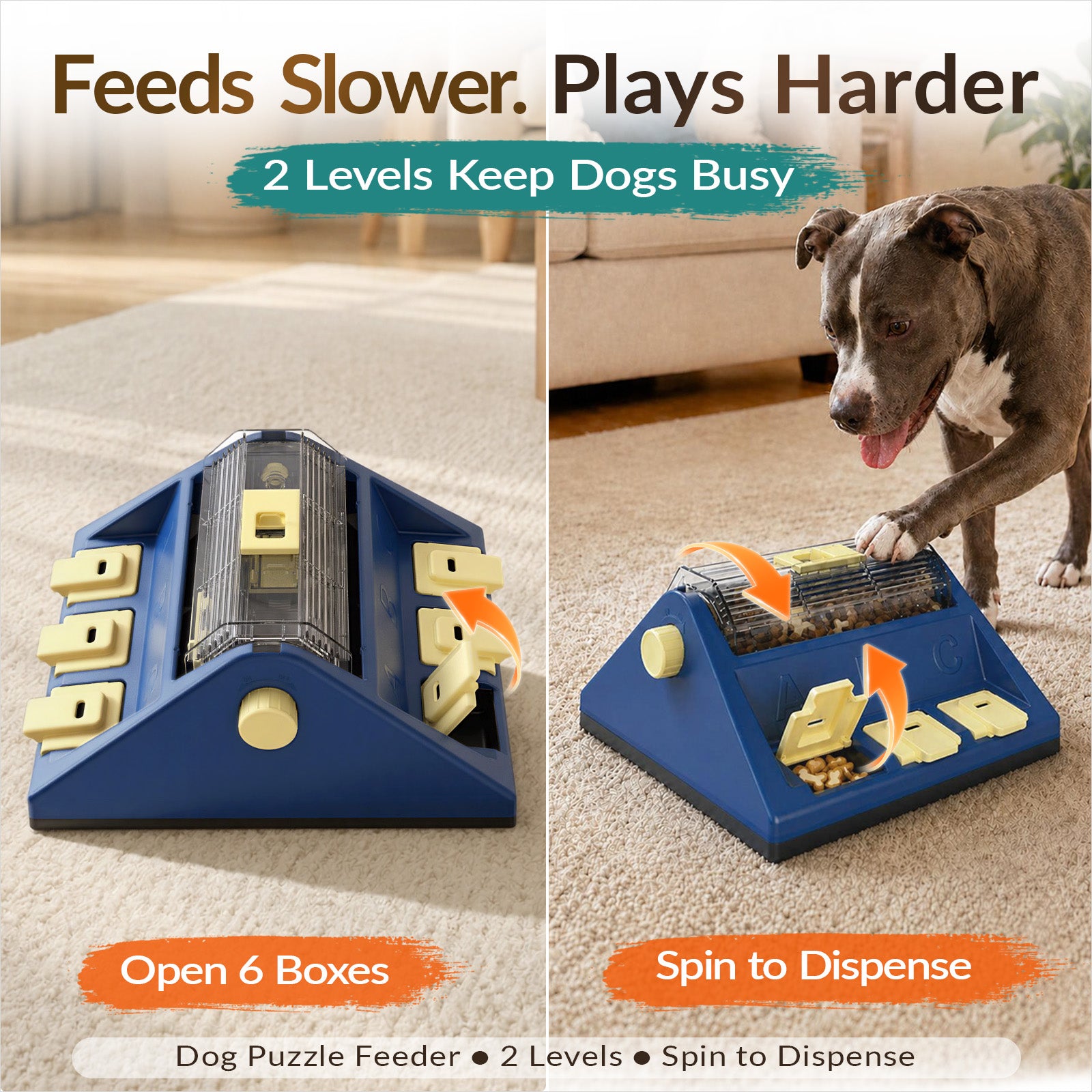 KADTC 2-Level Large Dog Puzzle Feeder showing flip-open treat boxes and spin-to-dispense rolling food chamber
