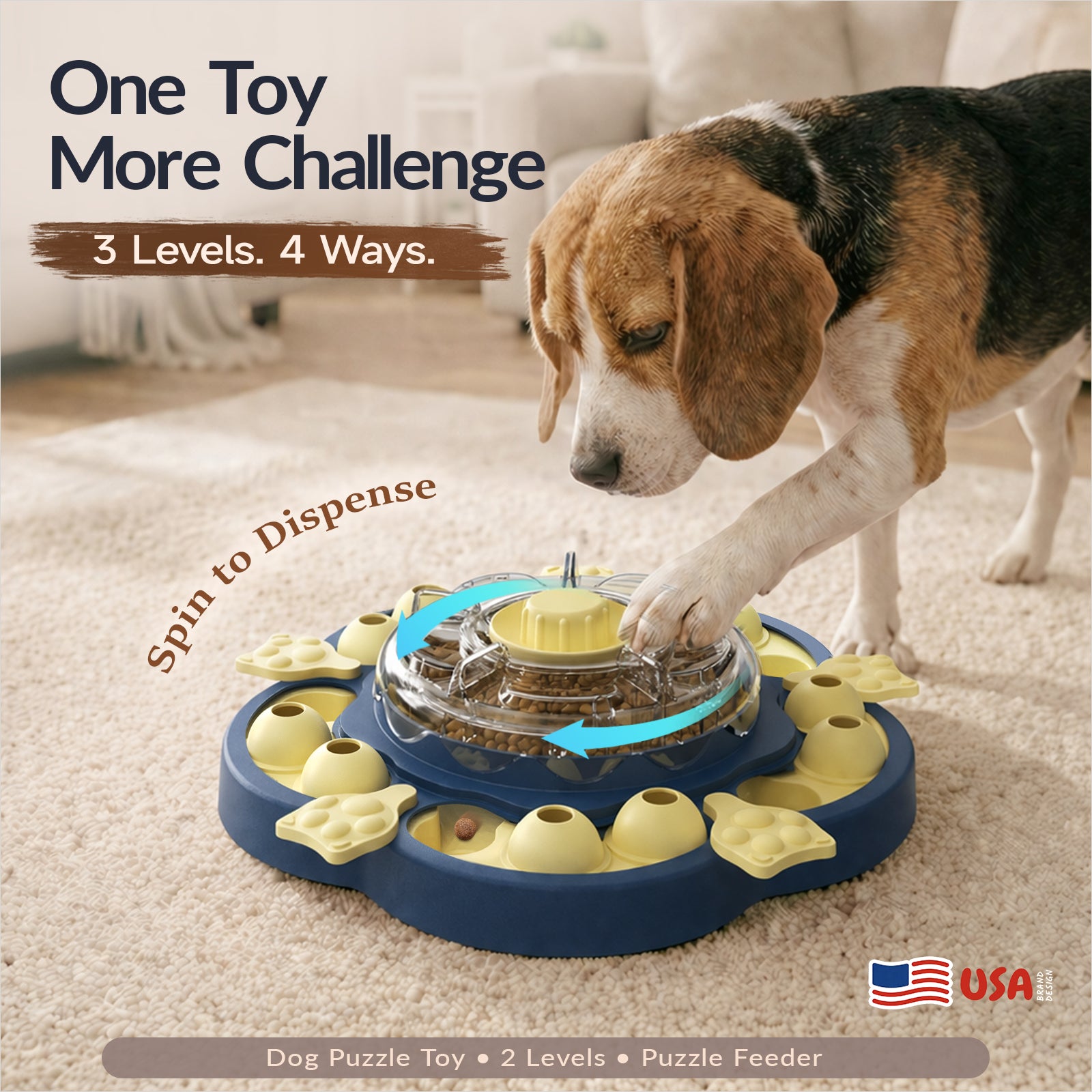 KADTC 3-Level Vertical Dog Puzzle Feeder showing step-by-step challenge play