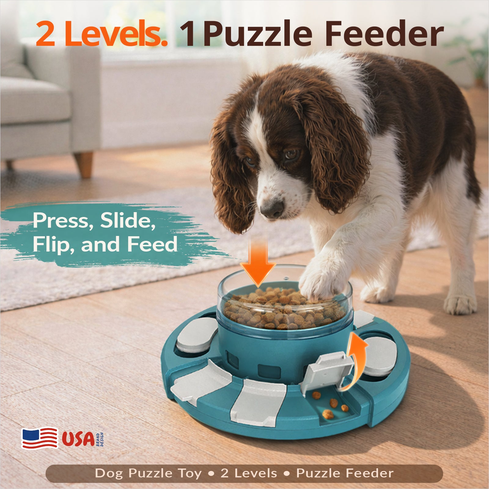 KADTC 2-Level Diner Dog Puzzle Feeder showing press, slide, flip, and feed puzzle play