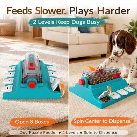KADTC 2-Level Extra-Large Dog Puzzle Feeder showing flip-open treat boxes and spin-to-dispense rolling food chamber