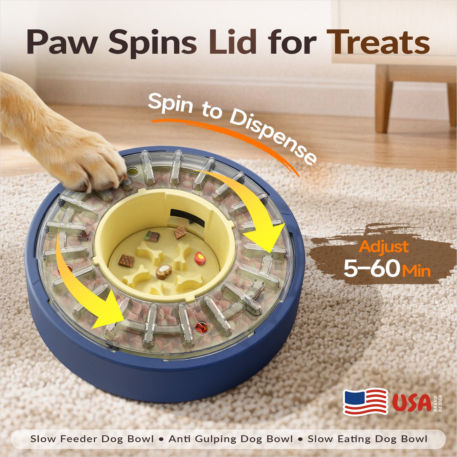 KADTC adjustable spinning dog slow feeder showing paw-activated spin-to-dispense food release and 5-60 minute feeding pace