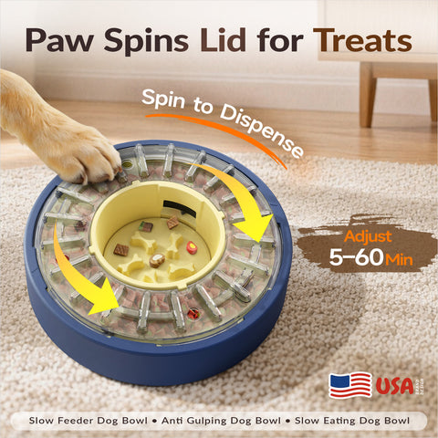 KADTC adjustable spinning dog slow feeder showing paw-activated spin-to-dispense food release and 5-60 minute feeding pace