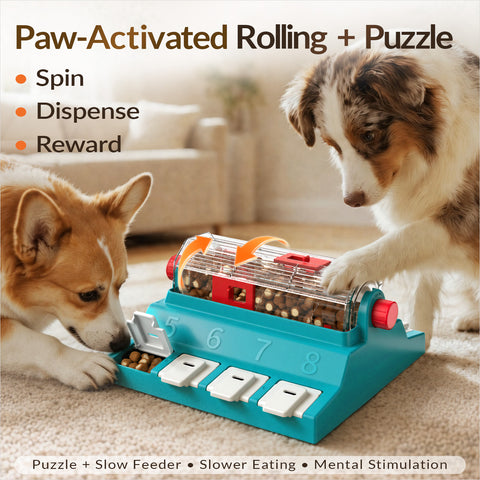 KADTC 2-Level Extra-Large Dog Puzzle Feeder showing paw-activated rolling treat dispenser and side reward doors