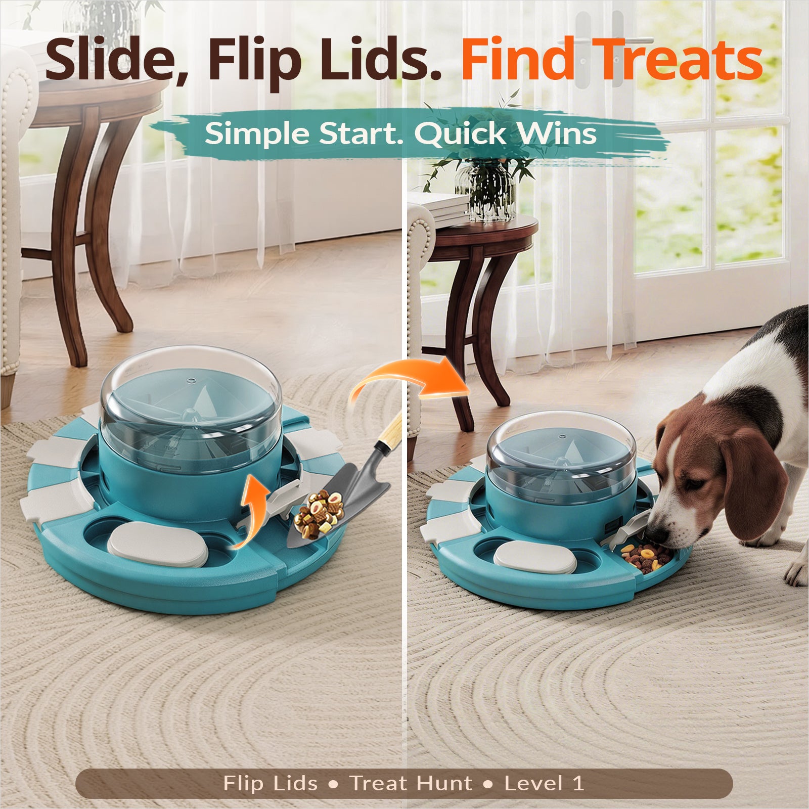 KADTC Diner dog puzzle feeder showing flip lids for treat-finding play