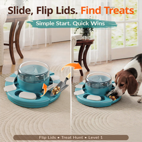 KADTC Diner dog puzzle feeder showing flip lids for treat-finding play