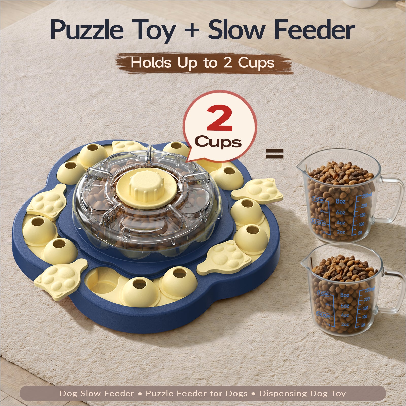 KADTC 3-Level Vertical Dog Puzzle Feeder showing 2-cup capacity and slow-feeding puzzle play