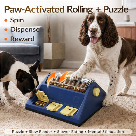 KADTC 2-Level Large Dog Puzzle Feeder showing paw-activated rolling treat dispenser and reward doors