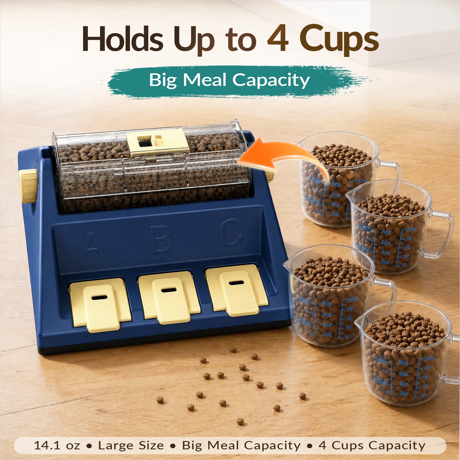 KADTC 2-Level Large Dog Puzzle Feeder showing 4-cup capacity and large kibble chamber