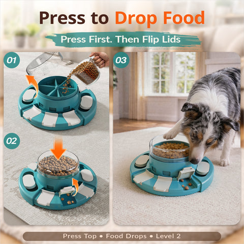 KADTC 2-Level Diner Dog Puzzle Feeder showing push-to-release top dispenser dropping food into treat cups