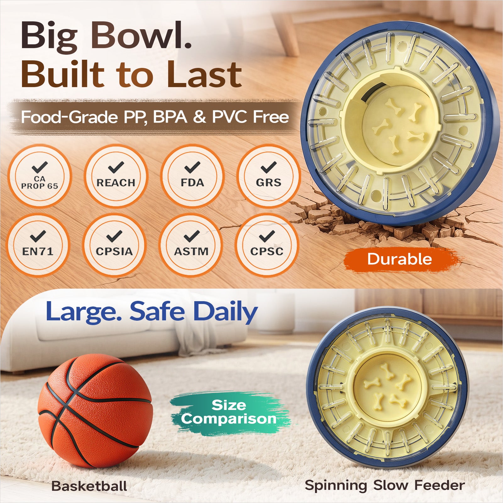 KADTC spinning dog slow feeder bowl made with food-grade PP and shown in large size comparison for daily kibble feeding