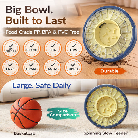 KADTC spinning dog slow feeder bowl made with food-grade PP and shown in large size comparison for daily kibble feeding