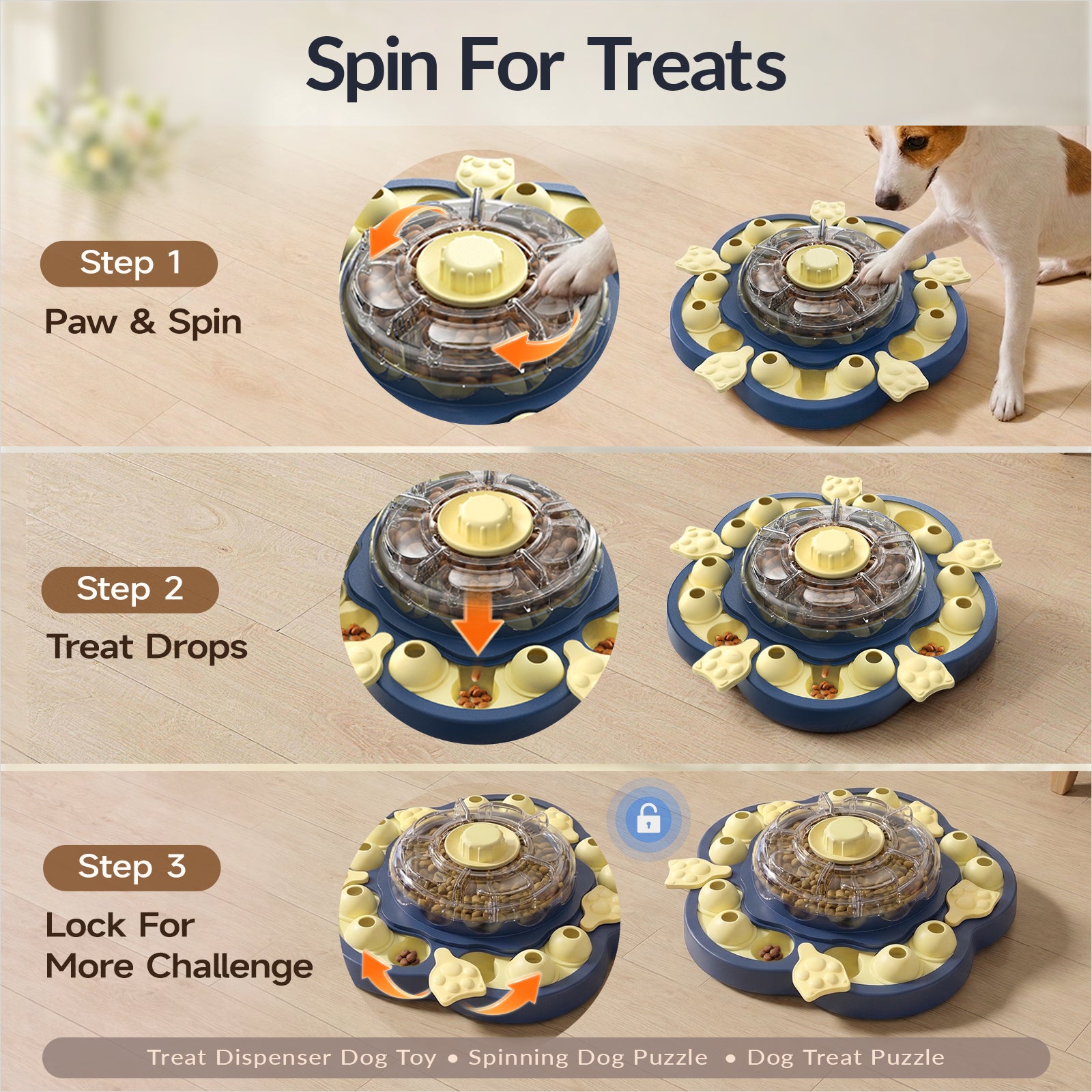 KADTC 3-Level Vertical Dog Puzzle Feeder showing spin-to-release treats and reward pods