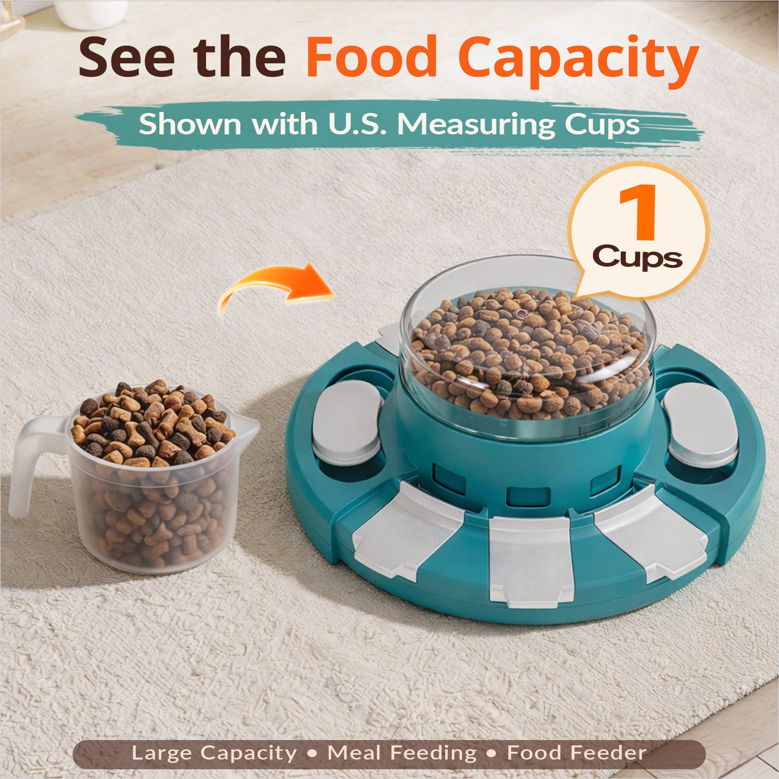 KADTC 2-Level Diner Dog Puzzle Feeder showing 1-cup food capacity for kibble and small dry treats