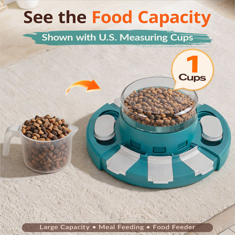 KADTC 2-Level Diner Dog Puzzle Feeder showing 1-cup food capacity for kibble and small dry treats