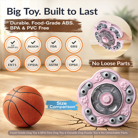 KADTC 3-Level Dog Puzzle Feeder showing food-grade ABS material, size details, and compliance information