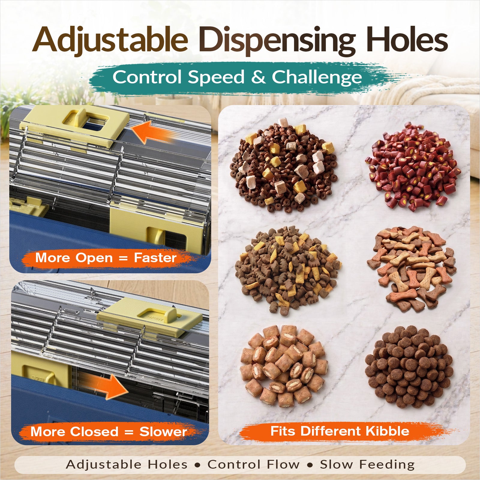 KADTC 2-Level Large Dog Puzzle Feeder showing adjustable dispensing holes for controlling food flow and kibble size