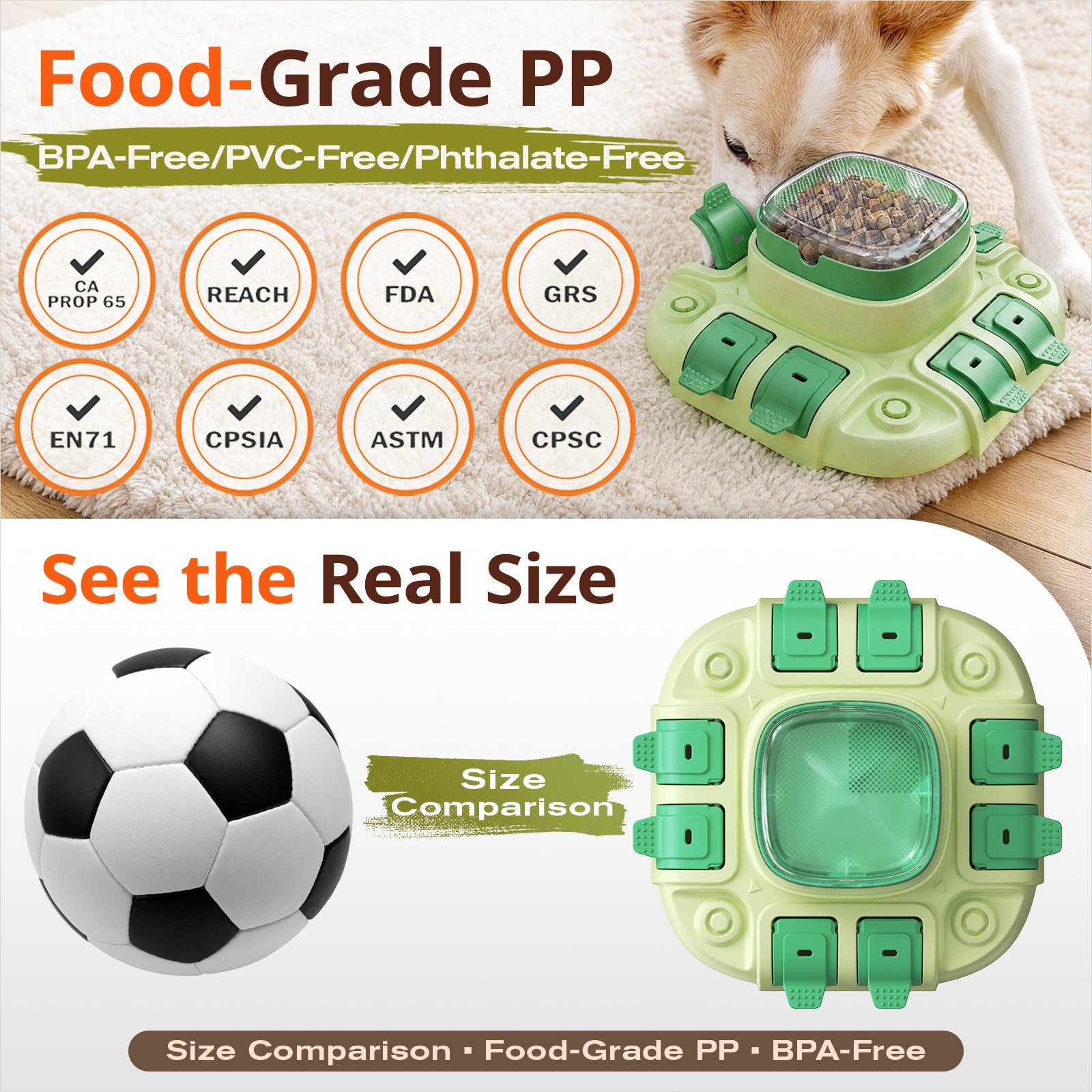 KADTC 2-Level Dog Puzzle Feeder showing food-grade ABS material, size details, and compliance information