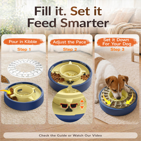 KADTC 5-60 Min Adjustable Spinning Dog Slow Feeder Bowl showing three steps to fill kibble, adjust pace, and feed dog