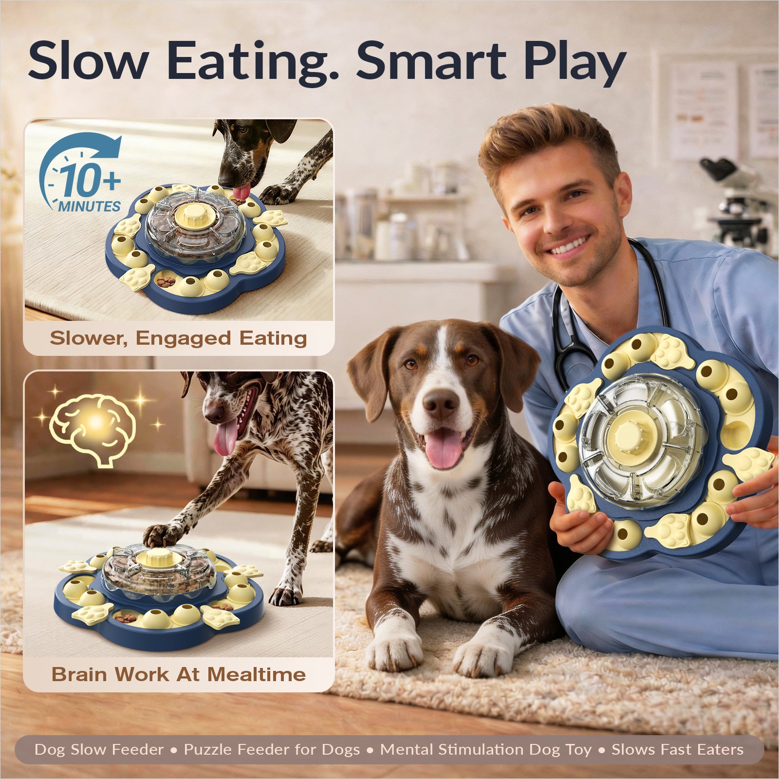 KADTC 3-Level Vertical Dog Puzzle Feeder showing slower eating and interactive treat-finding play