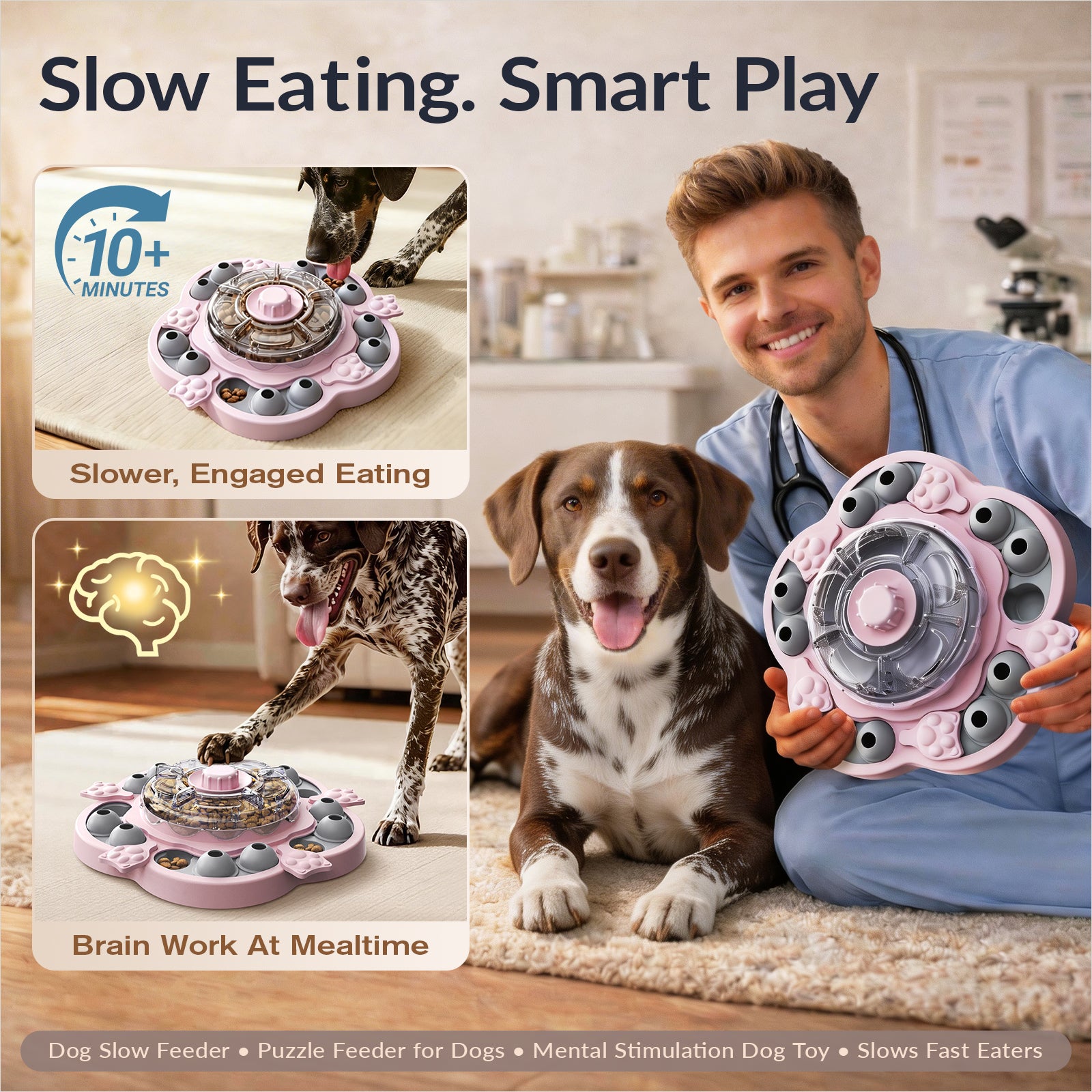 KADTC 3-Level Dog Puzzle Feeder showing slower eating and interactive treat-finding play