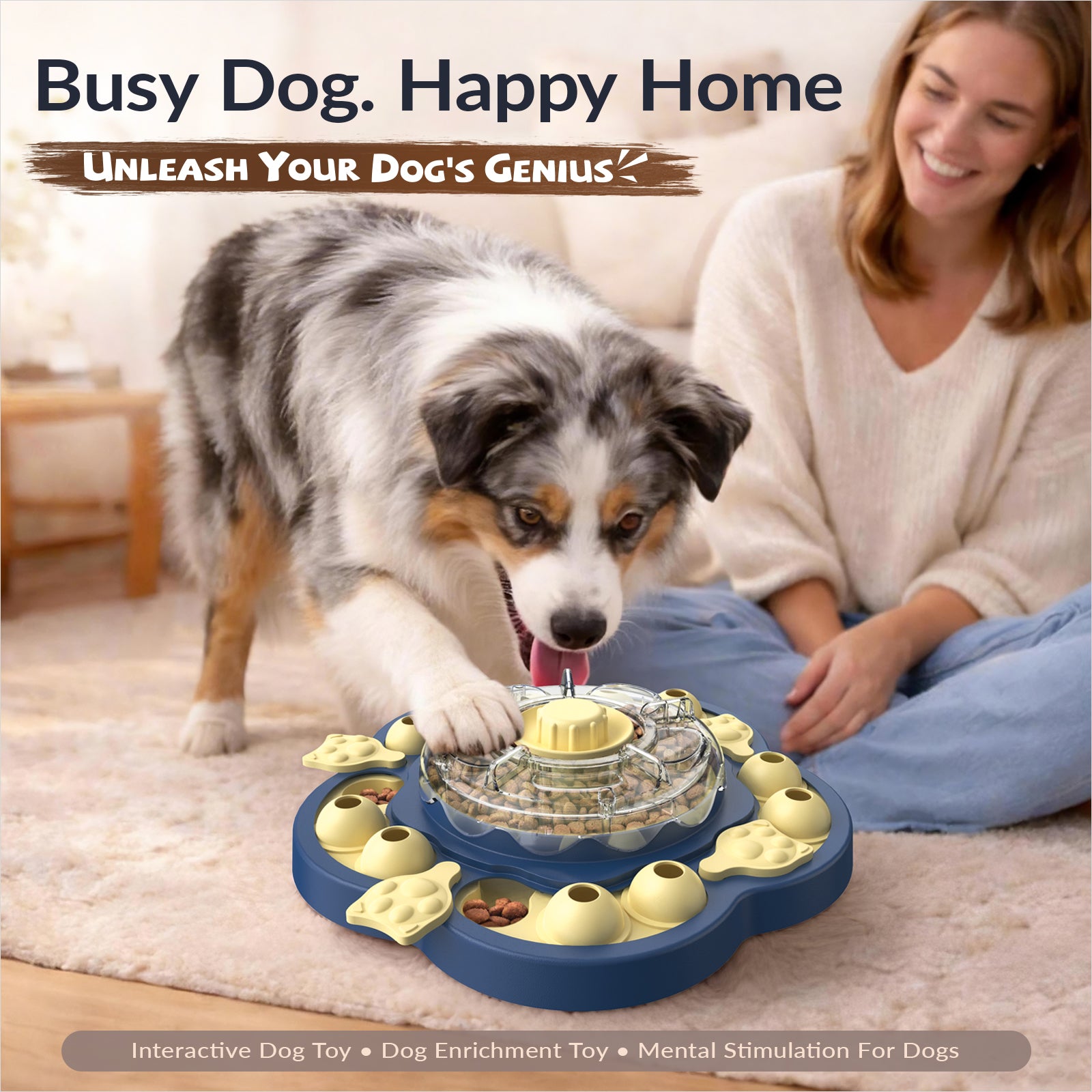 KADTC 3-Level Vertical Dog Puzzle Feeder used by a dog for indoor food-based enrichment