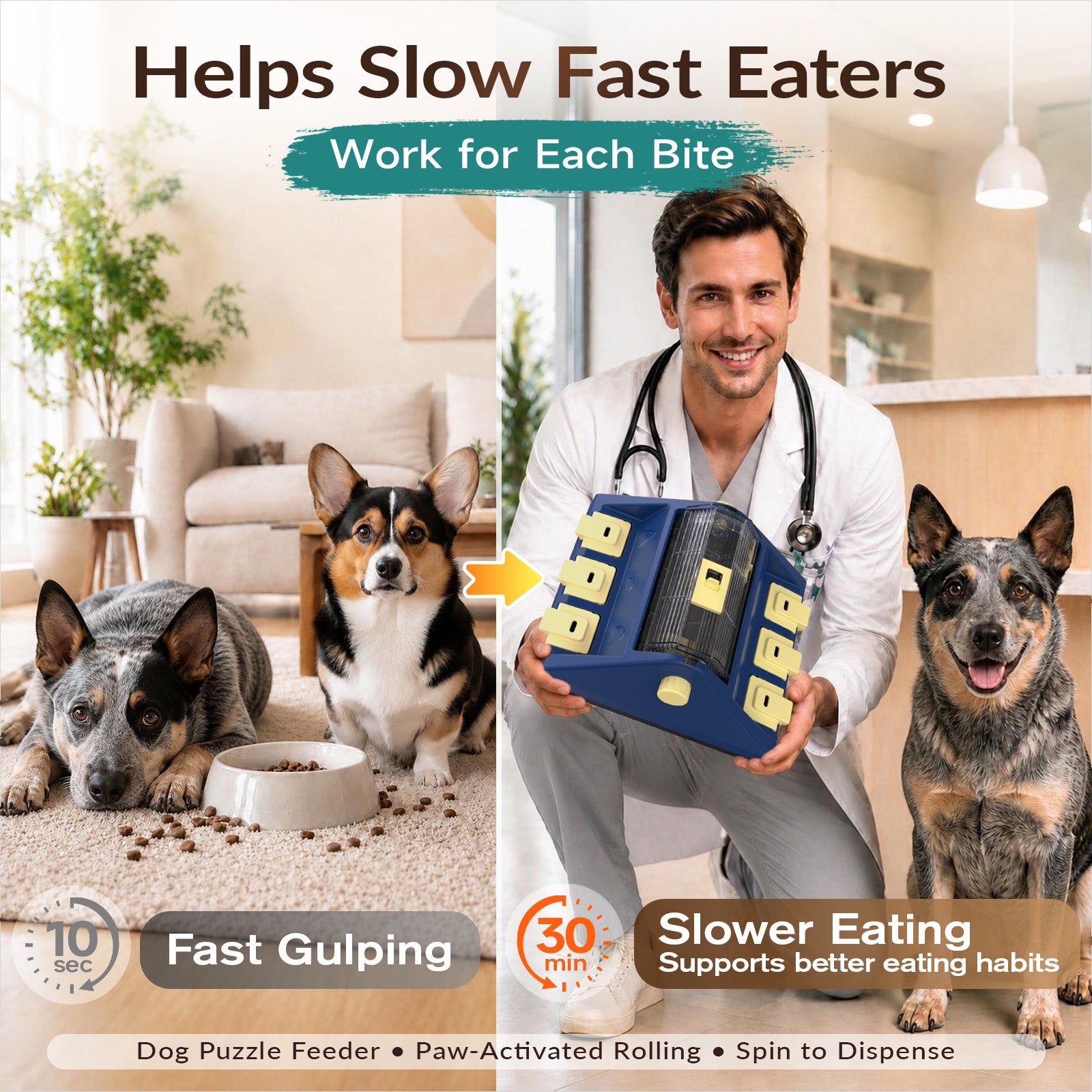 KADTC 2-Level Large Dog Puzzle Feeder showing slower eating routine with paw-activated rolling treat dispenser