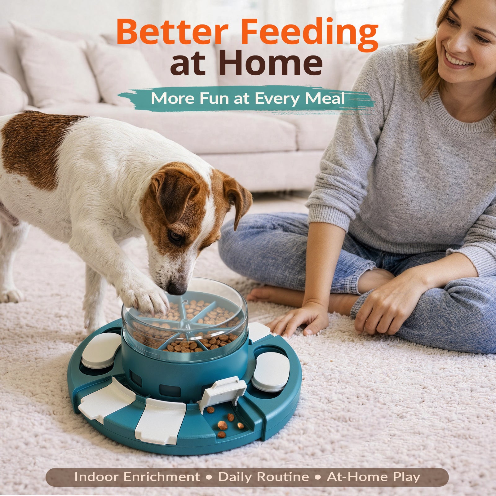 KADTC 2-Level Diner Dog Puzzle Feeder used by a dog for interactive feeding and treat-finding play at home